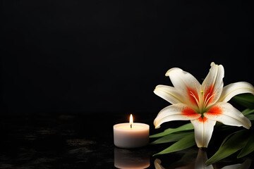 Obraz na płótnie Canvas Beautiful lily and burning candle on dark background with space for text. Funeral flower. Generative Ai.
