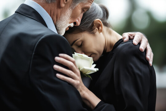 Cropped view of sad elderly man embracing woman on funeral. Generative AI.