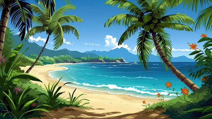 a beautiful anime inspired beach scene, view through palms, ai generated image