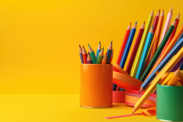 Bright pencils in holder isolated on colorful background. space for text. back to school concept
