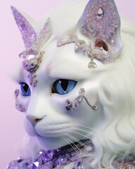 A surreal portrait of a majestic white cat wearing a diamond-encrusted crown and purple-tinted ears, exuding a bizarre and beautiful beauty