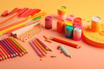 Obraz premium School supplies isolated on colorful background. colorful pencils and paints, back to school
