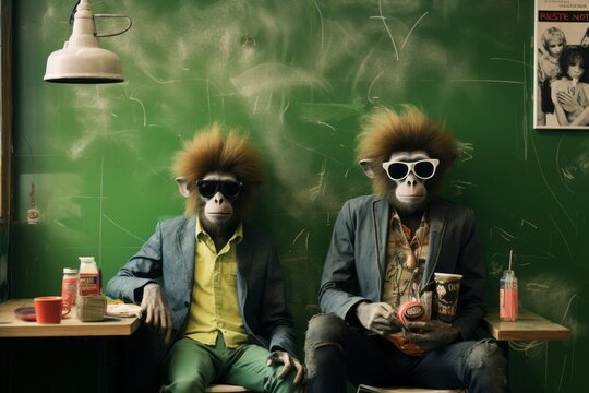 Two cute monkeys dressed like hipsters are indoors. Beautiful illustration picture. Generative AI