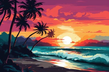 Fototapeta na wymiar Beach scene at sunset time. Beautiful illustration picture. Generative AI