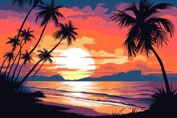 Beach scene at sunset time. Beautiful illustration picture. Generative AI
