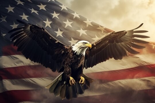 Eagle with open wings flying against flag. Beautiful illustration picture. Generative AI