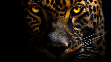 Fototapeta na wymiar Front view of Panther on black background. Wild animals banner with copy space. Predator series. digital art