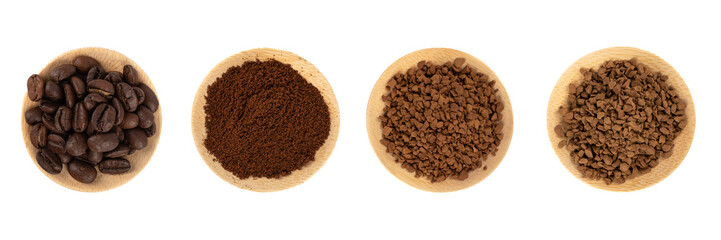 Top view of coffee beans, ground and instant granulated, sublimated.