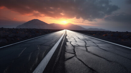 Asphalt road leading to the setting sun
