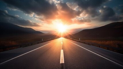 Asphalt road leading to the setting sun