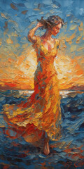 a woman in an orange dress in oil painting style, ai generated image