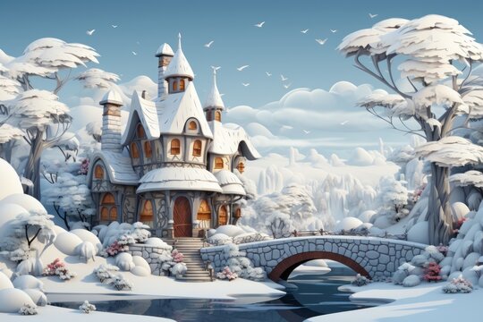 Winter, wooden house. Beautiful illustration picture. Generative AI