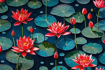 Red lotus water lily gracefully unfurls its delicate petals atop the water's surface, while the dark blue leaves provide a calming backdrop. generative ai technology
