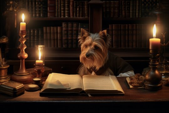 Yorkshire terrier reading the book. Beautiful illustration picture. Generative AI