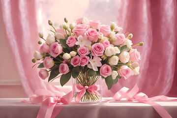 Pink Roses in a White Vase