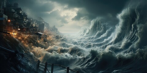 natural disaster tsunami on the island, flood, storm. Generative AI - obrazy, fototapety, plakaty