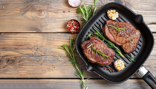 fried beef steaks with rosemary bouquet, garlic and salt on a skillet on a wooden table, horizontal view from above, flat lay, free space