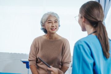 Obraz premium Female doctor examined patient health peace of mind. Basic procedure for general examination, Medical history taking, Physical examination, Blood test. stomach disease, hypertension, osteoporosis