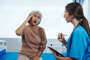 Female doctor examined patient health peace of mind. Basic procedure for general examination, Medical history taking, Physical examination, Blood test. stomach disease, hypertension, osteoporosis