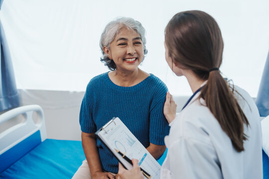 Female doctor examined patient health peace of mind. Basic procedure for general examination, Medical history taking, Physical examination, Blood test. stomach disease, hypertension, osteoporosis