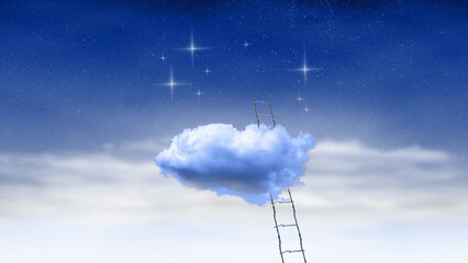 Wooden straits going to fluffy cloud again blue starry sky background. Conceptual design....