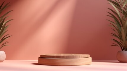 Red wall. Natural shape wooden podium. Beautiful illustration picture. Generative AI