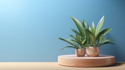 Blue wall. Natural shape wooden podium. Beautiful illustration picture. Generative AI