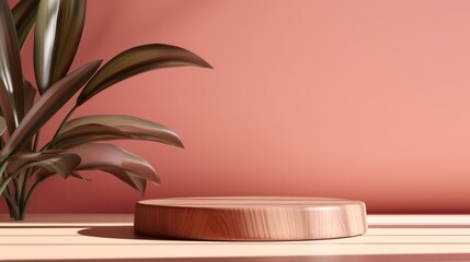 Red wall. Natural shape wooden podium. Beautiful illustration picture. Generative AI