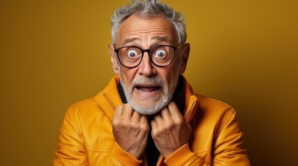 Obraz premium senior man with confuse mood. emotional on yellow color background 