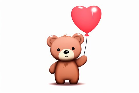 Cartoon kawaii style cute teddy bear holding heart shaped balloon. Beautiful illustration picture. Generative AI
