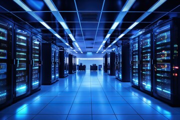 Server room, data center, data storage networking IT infrastructure, server hardware provider, server room center. Generative AI