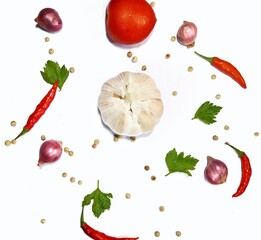 fresh vegetables and spices isolated on white background