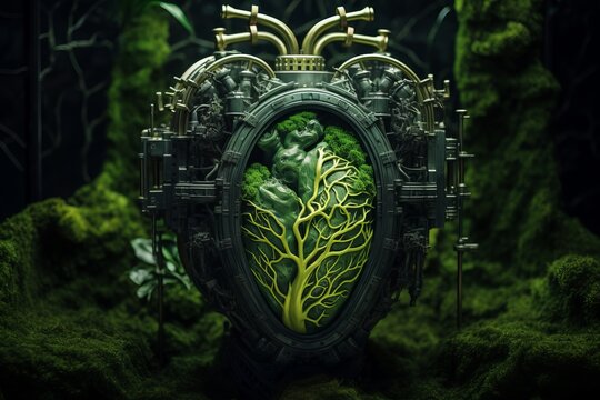 Organic biopunk heart. Beautiful illustration picture. Generative AI