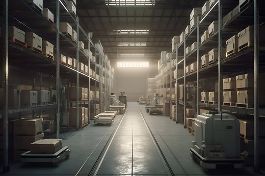 Picture of a warehouse with automated robots packing and shipping orders, with shelves and boxes visible in the background - Generative AI