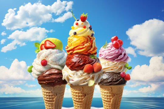 Collection of various delicious ice cream against sky. Beautiful illustration picture. Generative AI