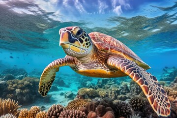 Fototapeta na wymiar Under water sea turtle. Diving scene of turtle undersea. Generative AI