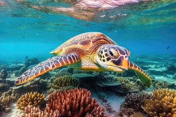 Fototapeta na wymiar Under water sea turtle. Diving scene of turtle undersea. Generative AI
