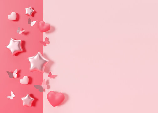 Pink background with hearts, butterflies, stars and copy space. It's a girl backdrop with empty space for text. Baby shower or birthday invitation, party. Baby girl birth announcement. 3D render.