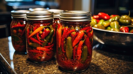 Fototapeta na wymiar Sterilized chili peppers in a jar. Generative AI