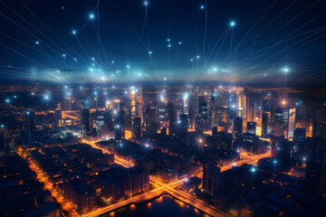 Obraz premium A futuristic city skyline illuminated by a network of interconnected smart streetlights - Generative AI