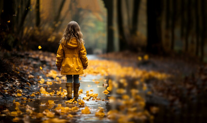 Happy cute child girl in yellow raincoat and boots walking in autumn park or forest,playing in puddle. Beautiful orange and yellow landscape in the Fall on a rainy day