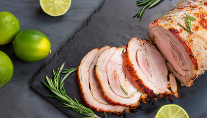 overhead view of sliced roast pork roulade - Porchetta, delicious pork roast of Italian culinary...