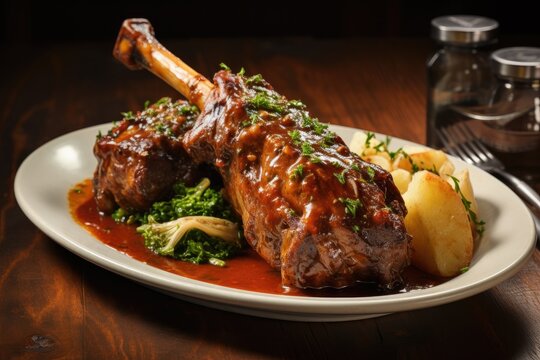 Roast lamb shank with herbs and vegetables. Generative AI