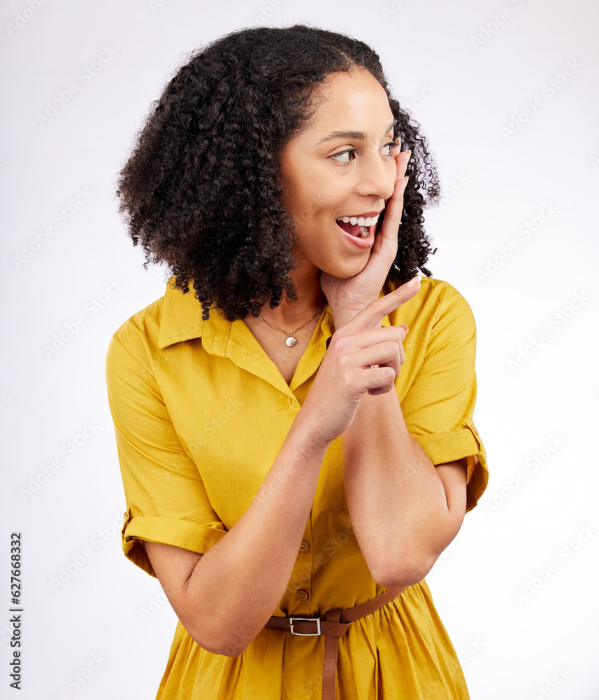 Sticker Wow, pointing and excited woman in studio with a surprise or advertising isolated on a white background. Promotion, sale and young african female person with hand sign for discount announcement