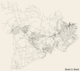Detailed hand-drawn navigational urban street roads map of the BREST-3 CANTON of the French city of BREST, France with vivid road lines and name tag on solid background