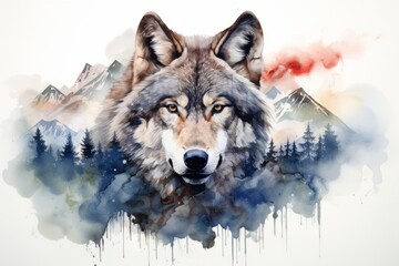 Double exposure of a wolf and a mountain. Beautiful illustration picture. Generative AI