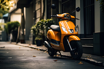 A orange scooter parked on a sidewalk