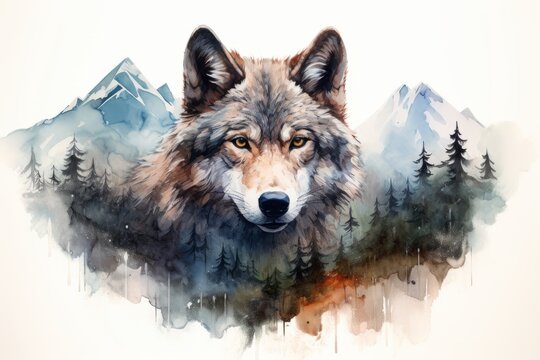 Double exposure of a wolf and a mountain. Beautiful illustration picture. Generative AI