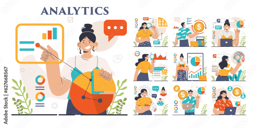 Poster business analytics set. data examination and strategy development