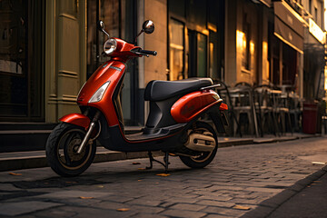 A scooter parked on a sidewalk